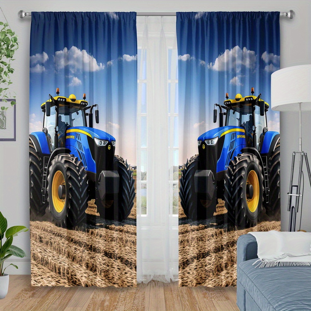 Agriculture Farming For Kids - Blauer Traktor-Vorhang, Vorhänge mit Landwirtschaftsmaschinen-Print, Fenstervorhänge