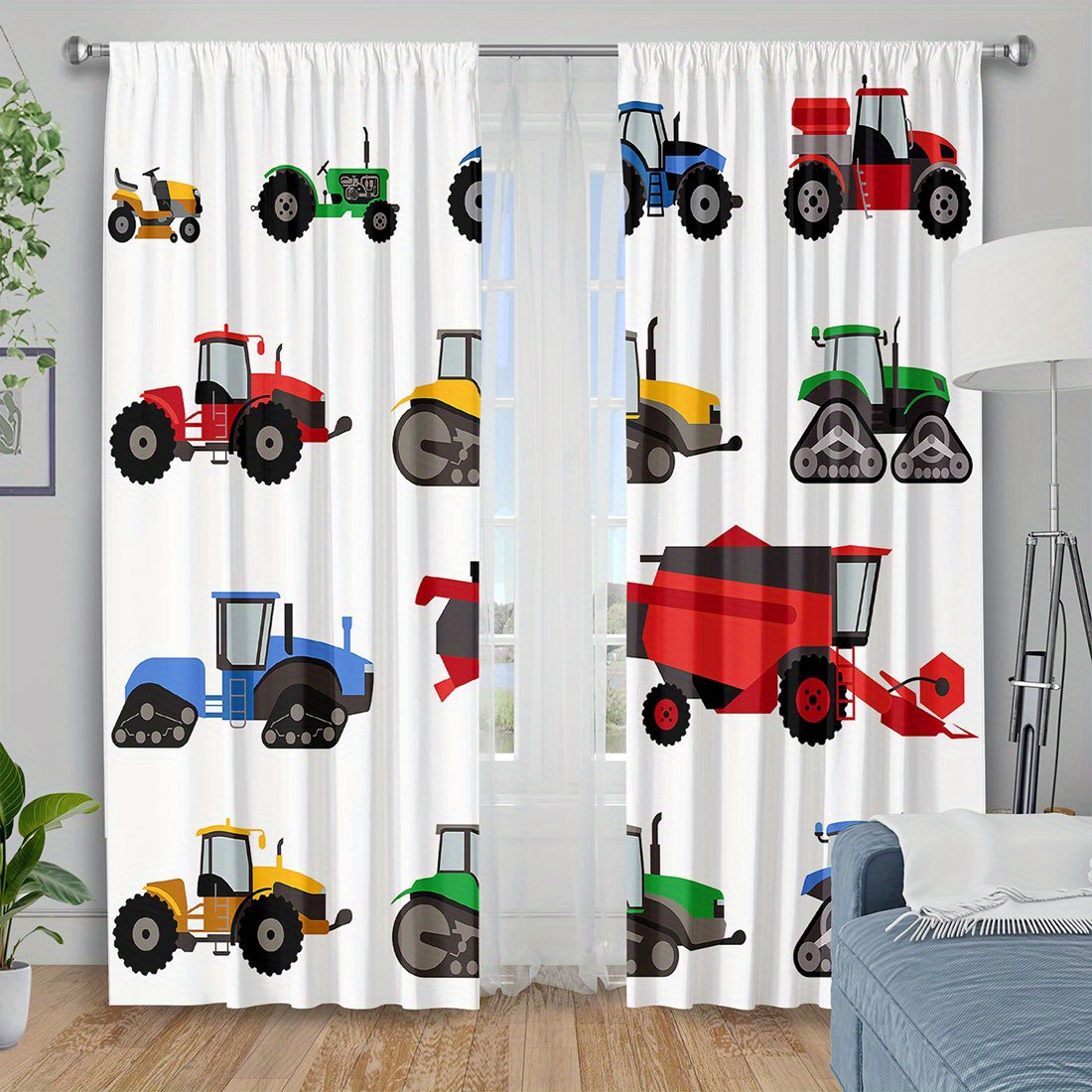 Agriculture Farming For Kids - Cartoon-Traktor-Vorhang, bunter Vorhang mit Landwirtschaftsmaschinen-Aufdruck, Fensterbehang